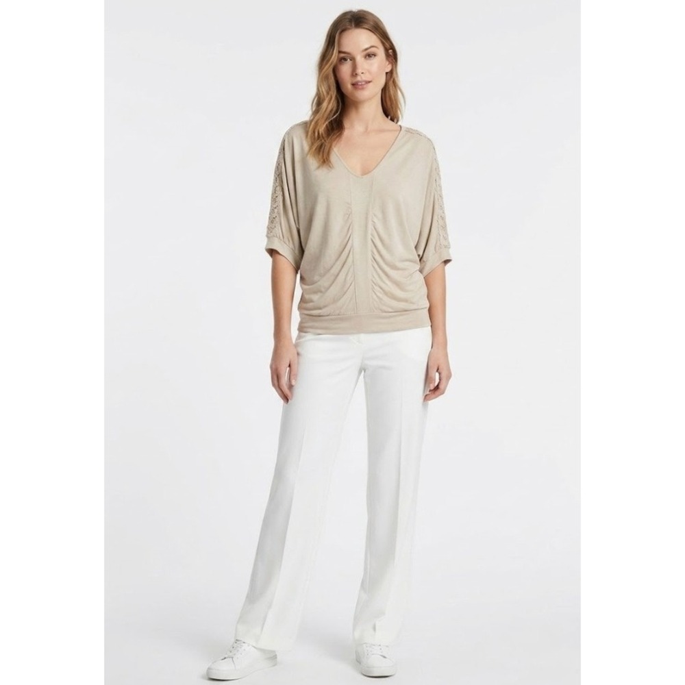 New Express Cream Tan Lace Sleeve‎ Ruched Front Soft Knit Stretch Top Large